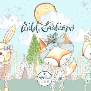 Cute Woodland Animals Clipart, Holzscheibe, Planer Clipart, Aquarell, handgemalt, floral, Baum, Fuchs, Hase, Hase, Reh, Waldmädchen