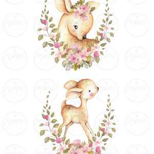May include: Two watercolor illustrations of a fawn with pink flowers. The first fawn is looking down with a flower crown on its head. The second fawn is walking with its head up. Both fawns are surrounded by green leaves and pink flowers.