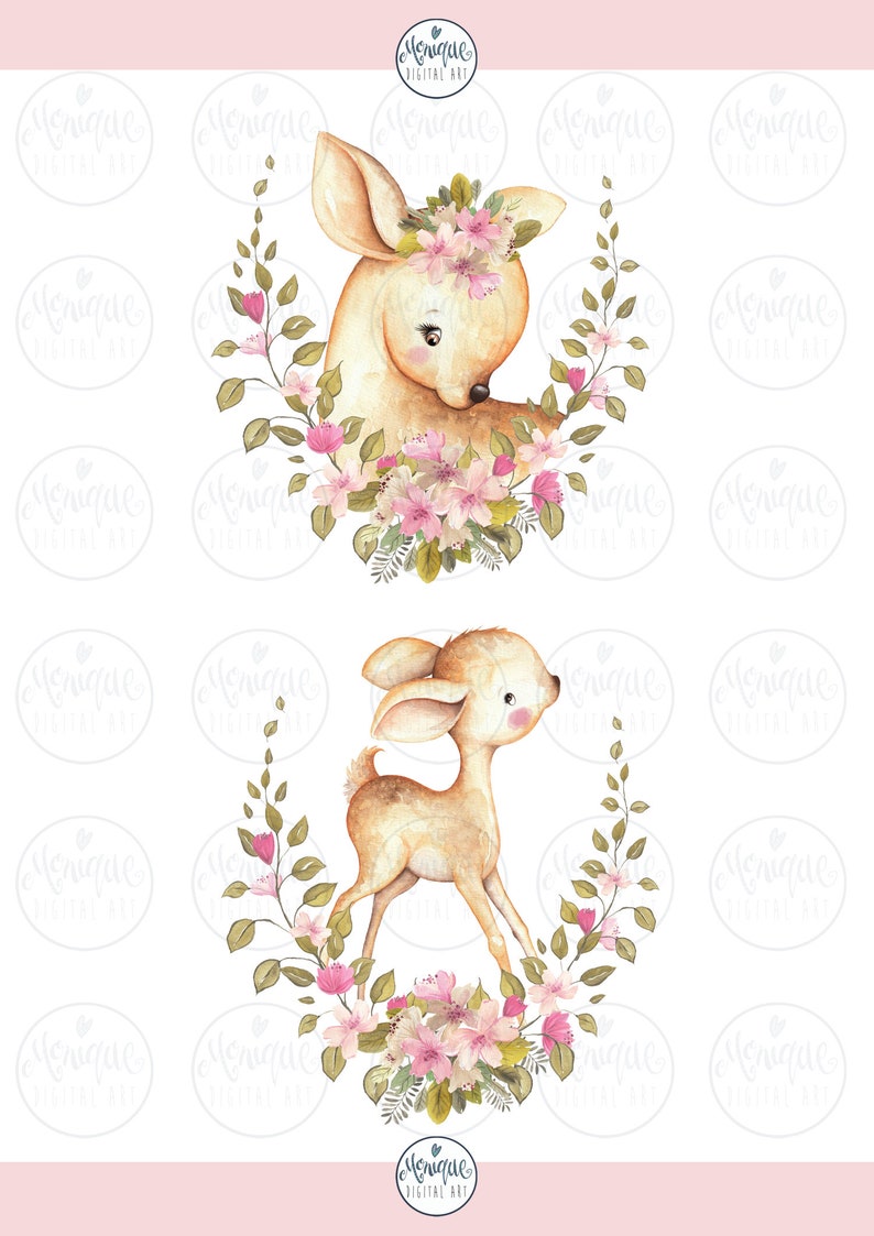 May include: Two watercolor illustrations of a fawn with pink flowers. The first fawn is looking down with a flower crown on its head. The second fawn is walking with its head up. Both fawns are surrounded by green leaves and pink flowers.