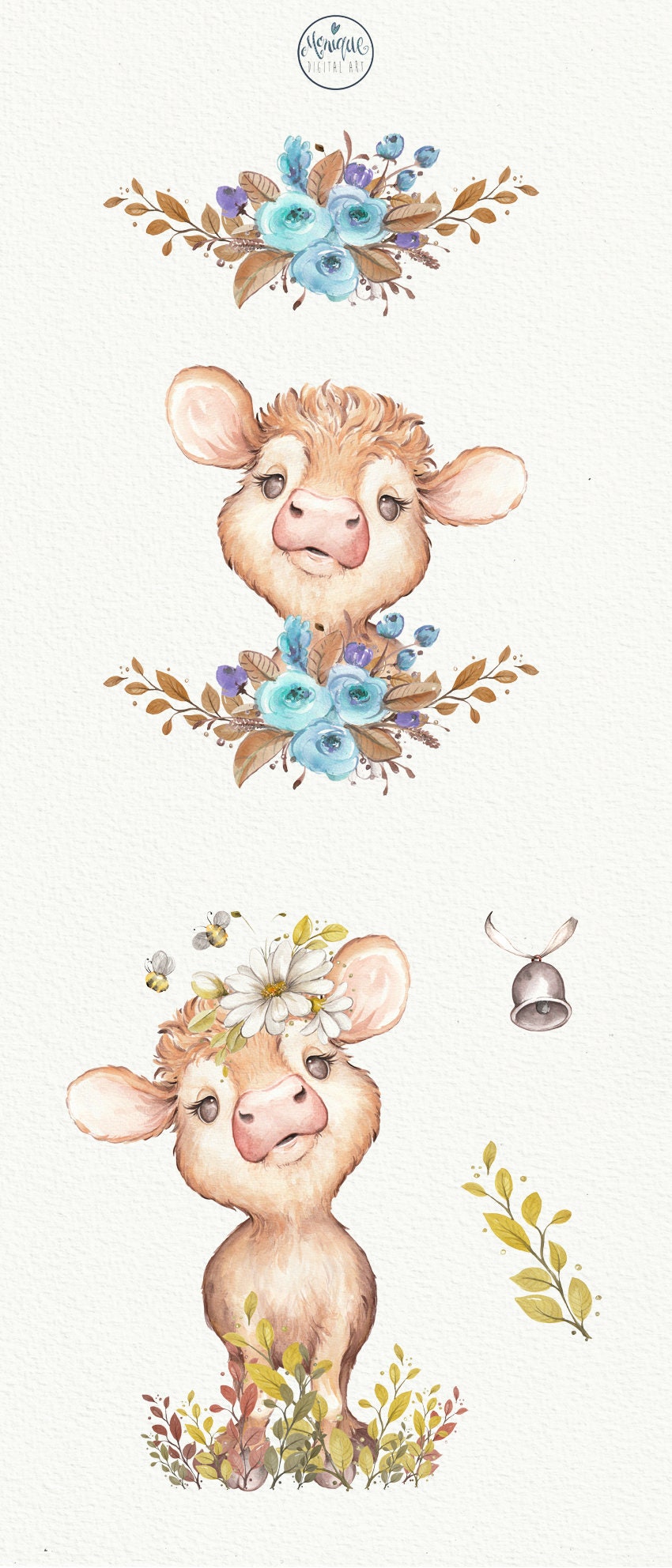 Cow Clipart Watercolor, Baby Cow Clipart, Cute Cow, Calf, Watercolor ...
