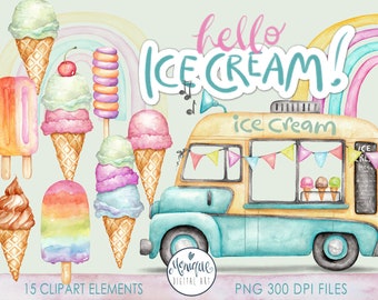 Ice Cream Clipart, watercolor Ice cream, ice cream clipart, retro ice cream truck, waffle cone, ice cream scoops, ice cream cone, ice cream