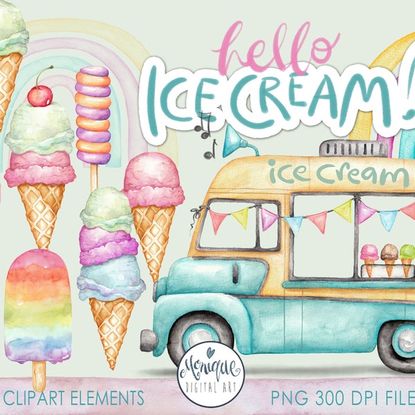 Ice Cream Clipart, watercolor Ice cream, ice cream clipart, retro ice cream truck, waffle cone, ice cream scoops, ice cream cone, ice cream