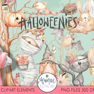 Halloween Clipart Waldtiere, Süße Halloween, Zombie, Grab, Halloween Planer Sticker, Glitter Halloween Kunst, Aquarell Tiere