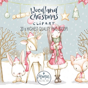 Noël Animaux des bois clipart,arbre de Noël,renard,cerf,lapin,fille,planificateur clipart,aquarelle,peint à la main,pépinière, Monique Digital