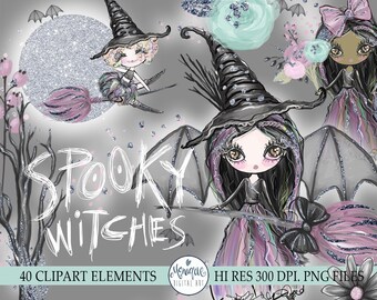 Halloween Clipart, witch graphics, halloween planner stickers, glitter halloween graphics, bats, bare tree, halloween characters, cute witch
