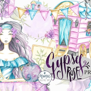 Gypsy Clipart, Fashion Girl Clipart,Gypsy Caravan,Boho Girl,Fashion Illustration,Watercolor Girl,Floral Wreath,Planner Stickers,Planner Girl