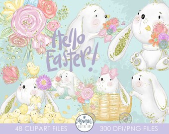 Easter clipart, White Rabbit Glitter, Rabbit Clipart, White Bunny Clipart, cute easter clipart, hand painted, planner stickers, whimsical