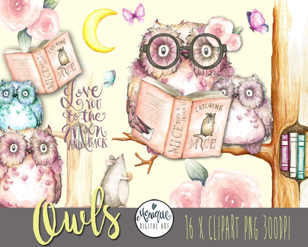 Owl clipart, cute owl, woodland animals, watercolor, mother baby clipart, floral, planner stickers,g