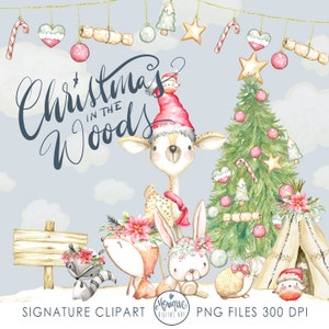 Animaux des bois de Noël Clipart Aquarelle, Clipart des bois de Noël, clipart de cerf, raton laveur, forêt de Cristmas, clipart d’animaux de Noël