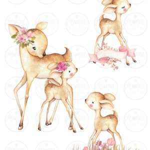 May include: A watercolor illustration of a family of deer. The mother deer is wearing a pink flower crown and is standing with her fawn. The fawn is looking up at the mother. There is also a smaller fawn standing in the grass with pink flowers.
