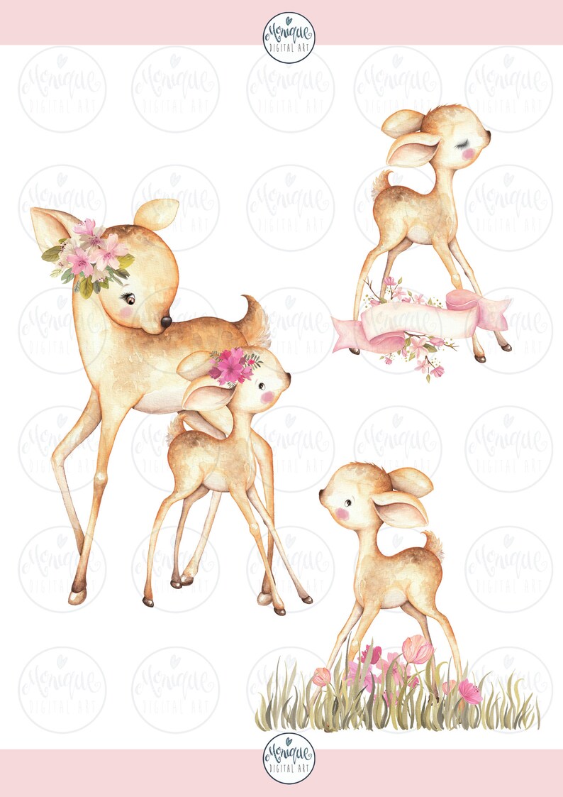 May include: A watercolor illustration of a family of deer. The mother deer is wearing a pink flower crown and is standing with her fawn. The fawn is looking up at the mother. There is also a smaller fawn standing in the grass with pink flowers.