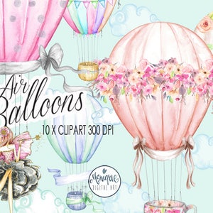 Heteluchtballonnen Aquarel, Planner Clipart, Schattige ballonnen, Ballonnen Uitnodiging, Feest, Verjaardag, Afdrukbaar, Planner Stickers, planner meisje
