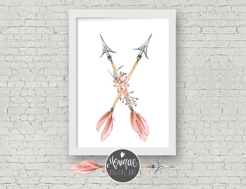 Watercolor Printable art Pink Teepee Art Print Fox Set of 3 Girls Nursery Art Teepee arrows flowers printable art hand painted