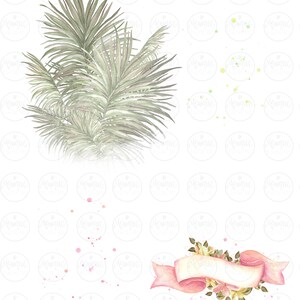 K&ouml;nnte beinhalten: Eine Aquarell-Illustration eines tropischen Palmblattes mit einem rosafarbenen Banner mit gelben Blumen und einem leeren Platz f&uuml;r Text. Der Hintergrund ist ein wei&szlig;es Muster aus gr&uuml;nen Kreisen mit dem Wort "Monique" in jedem Kreis.