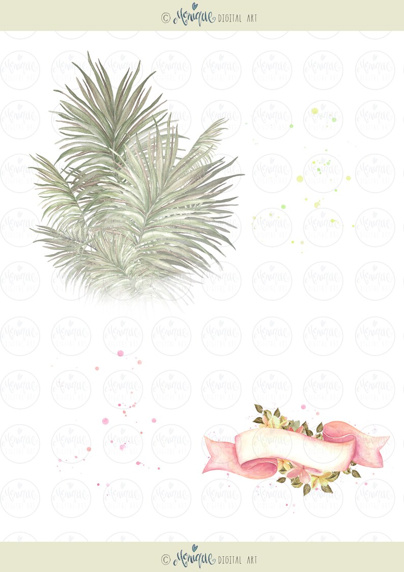 K&ouml;nnte beinhalten: Eine Aquarell-Illustration eines tropischen Palmblattes mit einem rosafarbenen Banner mit gelben Blumen und einem leeren Platz f&uuml;r Text. Der Hintergrund ist ein wei&szlig;es Muster aus gr&uuml;nen Kreisen mit dem Wort "Monique" in jedem Kreis.