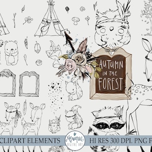 Black & White Fall Woodland Clipart, Sellos digitales, animales bebés, mapache, conejo, conejito, zorro, oso, búho, ciervo, planificador de imágenes prediseñadas, ardilla