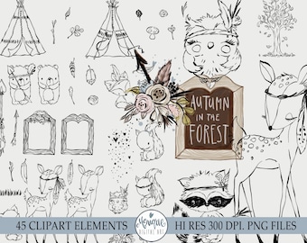 Black & White Fall Woodland Clipart, Digital stamps, baby animals, raccoon, rabbit, bunny, fox, bear, owl, deer, planner clipart, squirrel