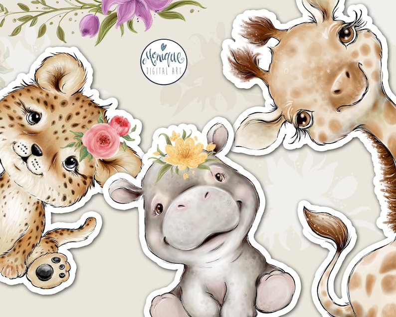 African Animals Clipart, Giraffe, Hippo, Leopard, Baby Animals art, Nursery animals, Baby shower, whimsical, African baby Animals, kids art image 4