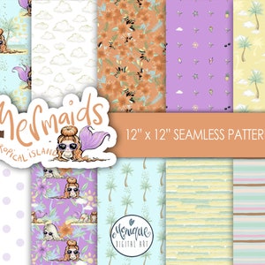 Mermaid digital Paper, Seamless Glitter Mermaid, Mermaid fabric, Tropical paper, beach paper, mermaid illustration, mermaid planner graphics