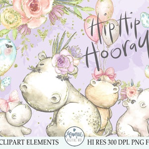 Hippo clipart, Cute Hippos acuarela, Madre y bebé, Clipart de año nuevo, pintado a mano, floral, pegatinas planificadoras, caprichoso, cliparts