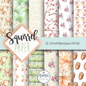 Woodland Digital Papers, carta animale bosco, clipart designer acquerello, planner, tessuto, adesivi, fondale, inviti, arte per l'infanzia