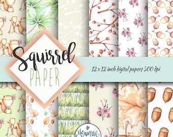 Woodland Digital Papers, woodland animal paper, watercolor designer clip art, planner, fabric, stickers, backdrop, invitations, nursery art