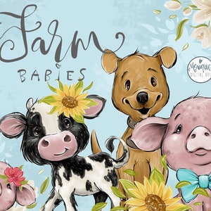 May include: Farm Babies digital art illustration featuring a brown dog, a black and white cow, and a pink pig. The animals are all smiling and have flowers around them. The text "Farm Babies" is written in cursive at the top of the image.