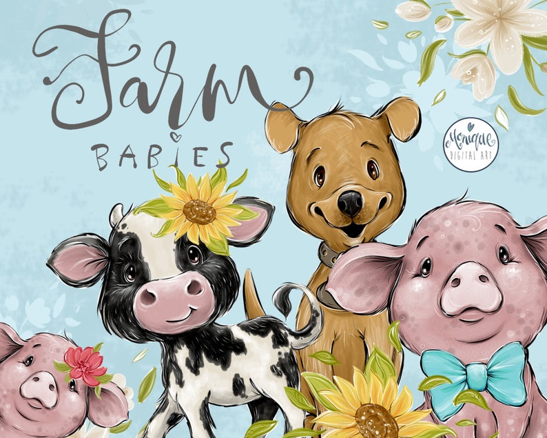 May include: Farm Babies digital art illustration featuring a brown dog, a black and white cow, and a pink pig. The animals are all smiling and have flowers around them. The text "Farm Babies" is written in cursive at the top of the image.