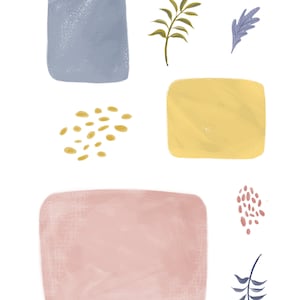 Puede incluir: Impresi&oacute;n digital de arte abstracto con un rect&aacute;ngulo azul, amarillo y rosa con un dise&ntilde;o de hojas verdes y moradas. La impresi&oacute;n tambi&eacute;n incluye una dispersi&oacute;n de puntos dorados y marrones.
