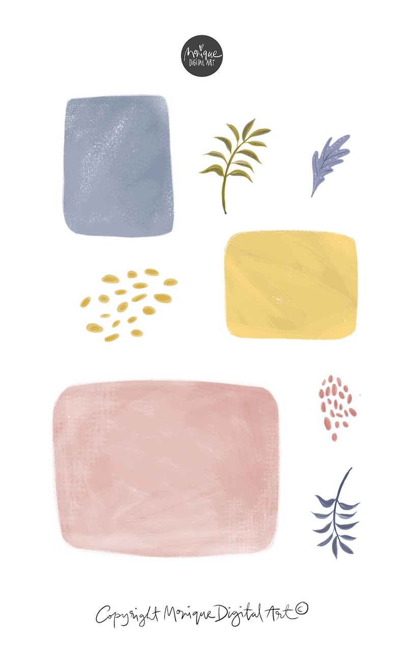 Puede incluir: Impresi&oacute;n digital de arte abstracto con un rect&aacute;ngulo azul, amarillo y rosa con un dise&ntilde;o de hojas verdes y moradas. La impresi&oacute;n tambi&eacute;n incluye una dispersi&oacute;n de puntos dorados y marrones.