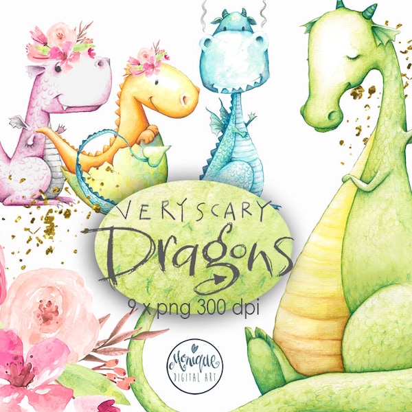 Dragons clipart, Watercolor, Boys clipart, Girls clipart, cute animals , watercolor, hand painted, floral,kids party invitation,cute dragons