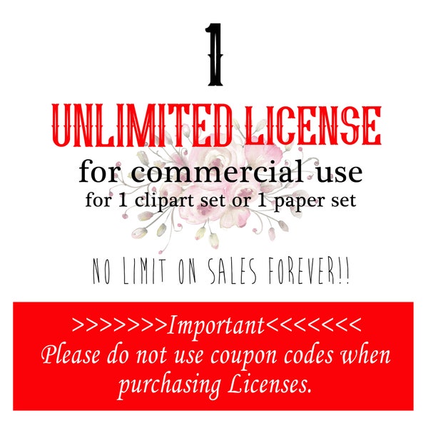 1 UNBEGRENZTE kommerzielle Lizenz für ein Set von Cliparts oder digitalen Papieren. Bitte keine Gutscheincodes.