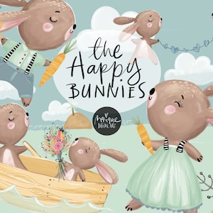 Hase Clipart, Hase Clipart, Ostern Grafik, Valentinstag Clipart, süße Hasen, Möhren, Blumen, Liebeskunst, Himmel, Wolken, Kinderzimmer Hase