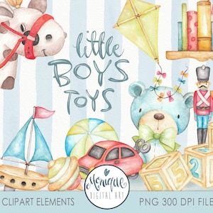 Jongens Clipart, Baby Boy Clipart, aquarel speelgoed, jongens kinderdagverblijf, speelgoed illustratie, baby jongen kunst, speelgoed soldaat, blauwe teddy, bouwstenen