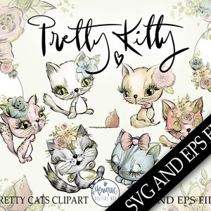 SVG EPS Cat clipart dessiné à la main, aquarelle chats, chat mignon art, chats dessinés à la main, chats redimensionnables chatons art, chats invités, autocollants muraux