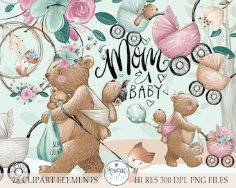 Mom Baby Clipart, Mother Baby Bear, Planner Stickers Digital Clipart Graphics, Woodland Mother, Mother and Child Illustration, Bear Clipart