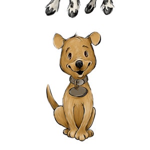 May include: A digital illustration of three farm animals: a black and white cow, a brown dog, and a pink pig. All three animals are sitting and looking at the viewer.