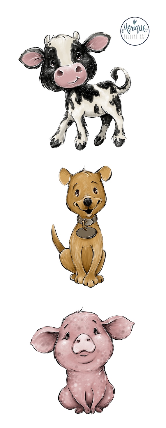 農場の動物のクリップアート、牛、豚、犬、赤ちゃん農場の動物、ひまわり、保育園の動物、ベビーシャワー、かわいい赤ちゃん動物、手描き、モニークアート -  Etsy 日本, image size:570x1463