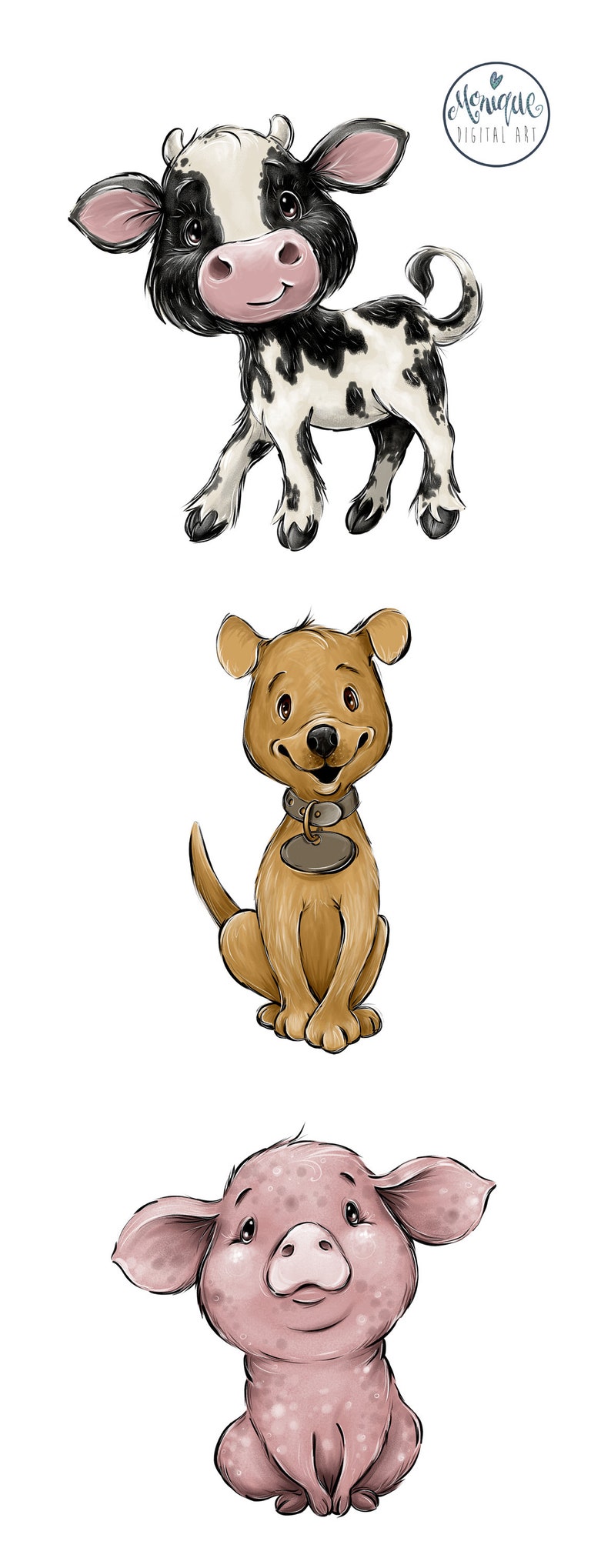 May include: A digital illustration of three farm animals: a black and white cow, a brown dog, and a pink pig. All three animals are sitting and looking at the viewer.