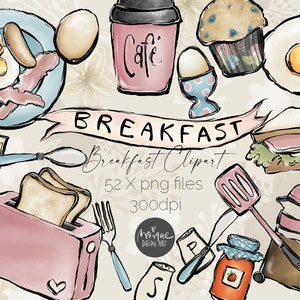Clipart de desayuno, Iconos de desayuno, café, tocino, huevos, jugo de naranja, cereales, menú de desayuno, tostadas, huevo frito, tetera, muffin, sándwich