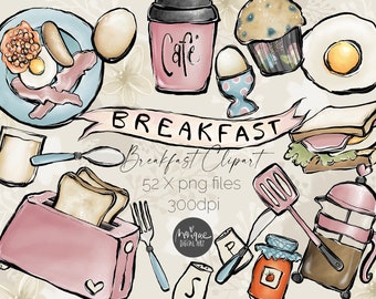 Breakfast Clipart, Breakfast Icons, coffee, bacon, eggs, orange juice, cereal, breakfast menu, toast, fried egg, teapot, muffin, sandwich