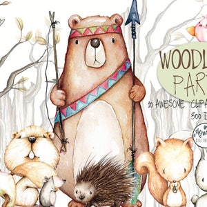 Clipart d’animaux de pépinière des bois, aquarelle, peint à la main, lapin, arbre, renard, ours, écureuil, hibou, castor, souris, porc-épic, autocollants, planificateur fille