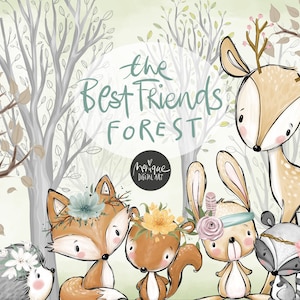 Clipart d’animaux de pépinière boisés, clipart planificateur, forêt, peint à la main, floral, plumes, arbres, renard, cerf, écureuil, raton laveur, hérisson