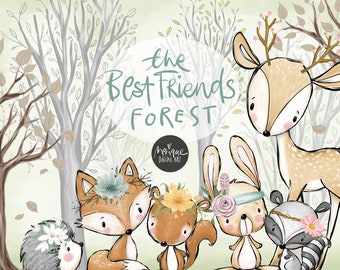 Woodland nursery animals clipart, planner clipart, forest, hand painted, floral, feathers, trees, fox, deer, squirrel, raccoon, hedgehog