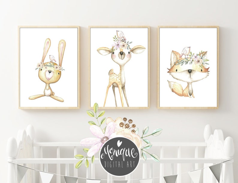 Baby Woodland Animals clipart, planner clipart, watercolor, hand painted, floral, cute fox, cute bunny, rabbit, cute deer, woodland nursery image 3