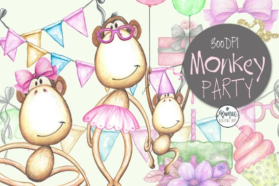 Monkey Clipart Watercolor,Cute Monkeys,Monkey Invitation,Monkey Party,Birthday,Printable,Instant Download, Planner Stickers,Invitation