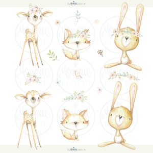 Baby Woodland Animals clipart, planner clipart, watercolor, hand painted, floral, cute fox, cute bunny, rabbit, cute deer, woodland nursery image 2