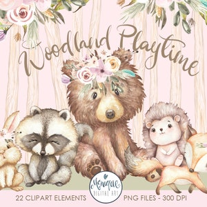 animaux des bois clipart aquarelle, animaux forestiers clipart, monique art numérique, ours, raton laveur, lapin, lapin, hérisson, renard, bois mignon