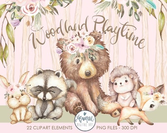 woodland animals clipart watercolor, forest animals clipart, monique digital art,bear, raccoon, rabbit, bunny, hedgehog, fox, cute woodland