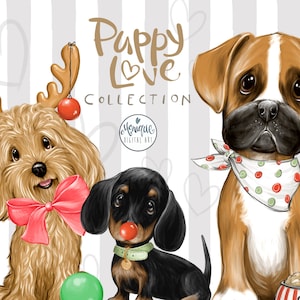 Hund Clipart, Süße Hunde Clipart, Welpe Clipart, Cavoodle, Boxer, Dashchund, Wursthund, Weihnachtshund, Bandana, Schleife, Hundenapf, Hundehalsband